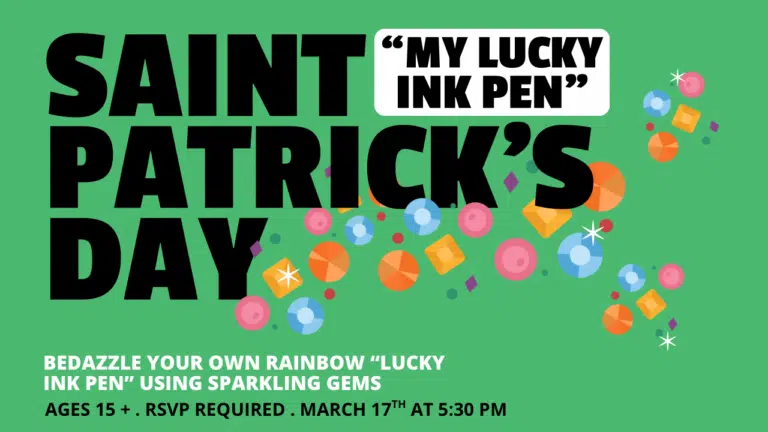 Green background Multi-colored balloons. Black text says Saint Patrick's Day