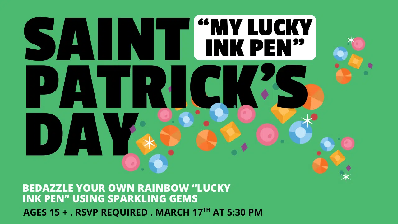 Green background Multi-colored balloons. Black text says Saint Patrick's Day
