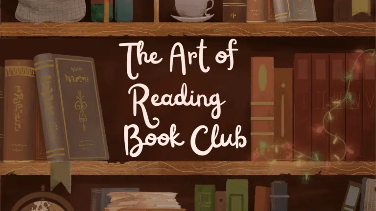 Background is dark brown with books on shelves. Text Says: The Art of Reading Book Club