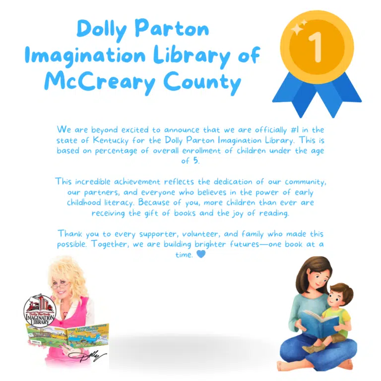 Image shows Dolly Parton, Mom holding a child and reading a book, number one ribbon. Text says We are beyond excited to announce that we are officially #1 in the state of Kentucky for the Dolly Parton Imagination Library. This is based on percentage of overall enrollment of children under the age of 5
