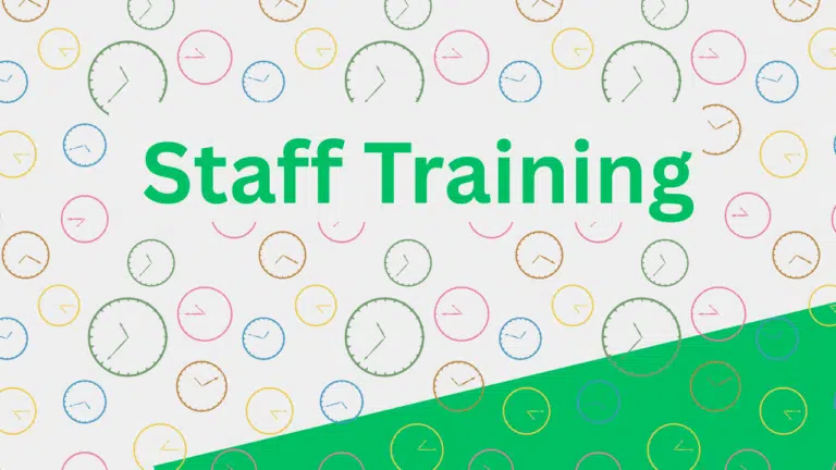 Background shows clocks. text says Staff Training.