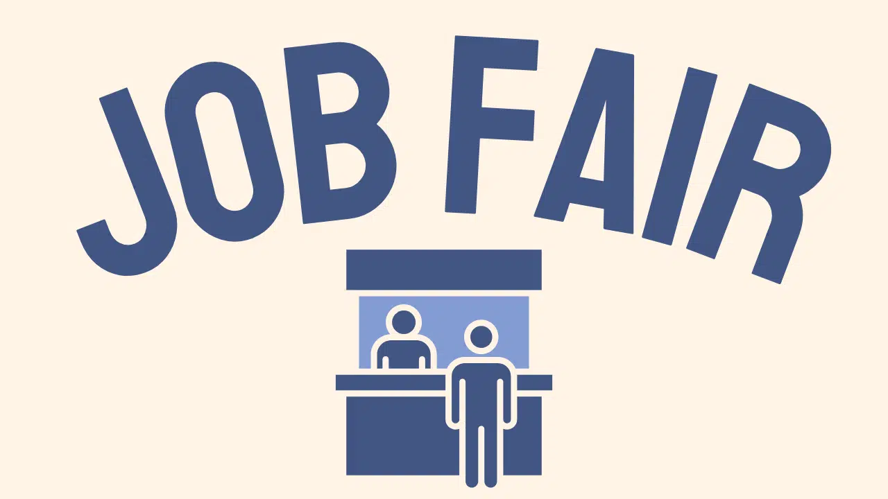 Image of two people standing at a desk. Text says Job Fair.