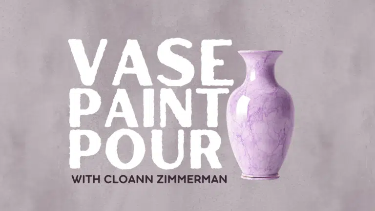 Image is a purple painted vase. Text says Vase Paint Pour with Cloann Zimmerman