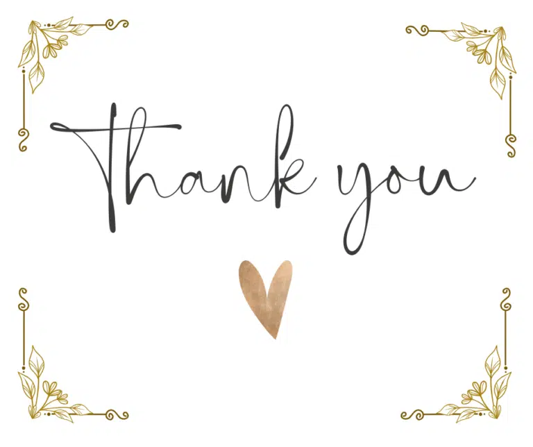 Text in image says thank you. Gold decorative border and a gold heart.