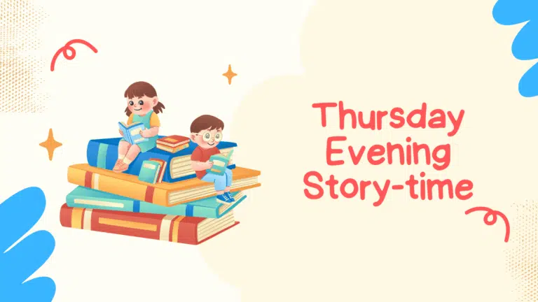 Image is kids sitting on a stack of books reading books. Caption says Thursday Evening Story-time.