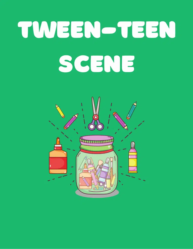 Image shows a green background with a variety of craft supplies. Caption Says Tween Teen Scene