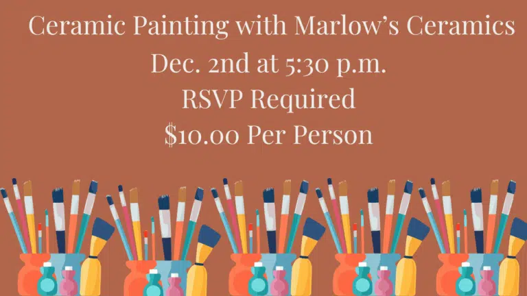 Brown Background with paint brushes. Text says Ceramic Painting with Marlow's Ceramics.